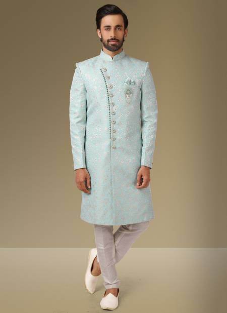 Sky Blue Colour Exclusive Traditional Wear Jacquard Banarasi Brocade Indo Western Mens New Collection 1127